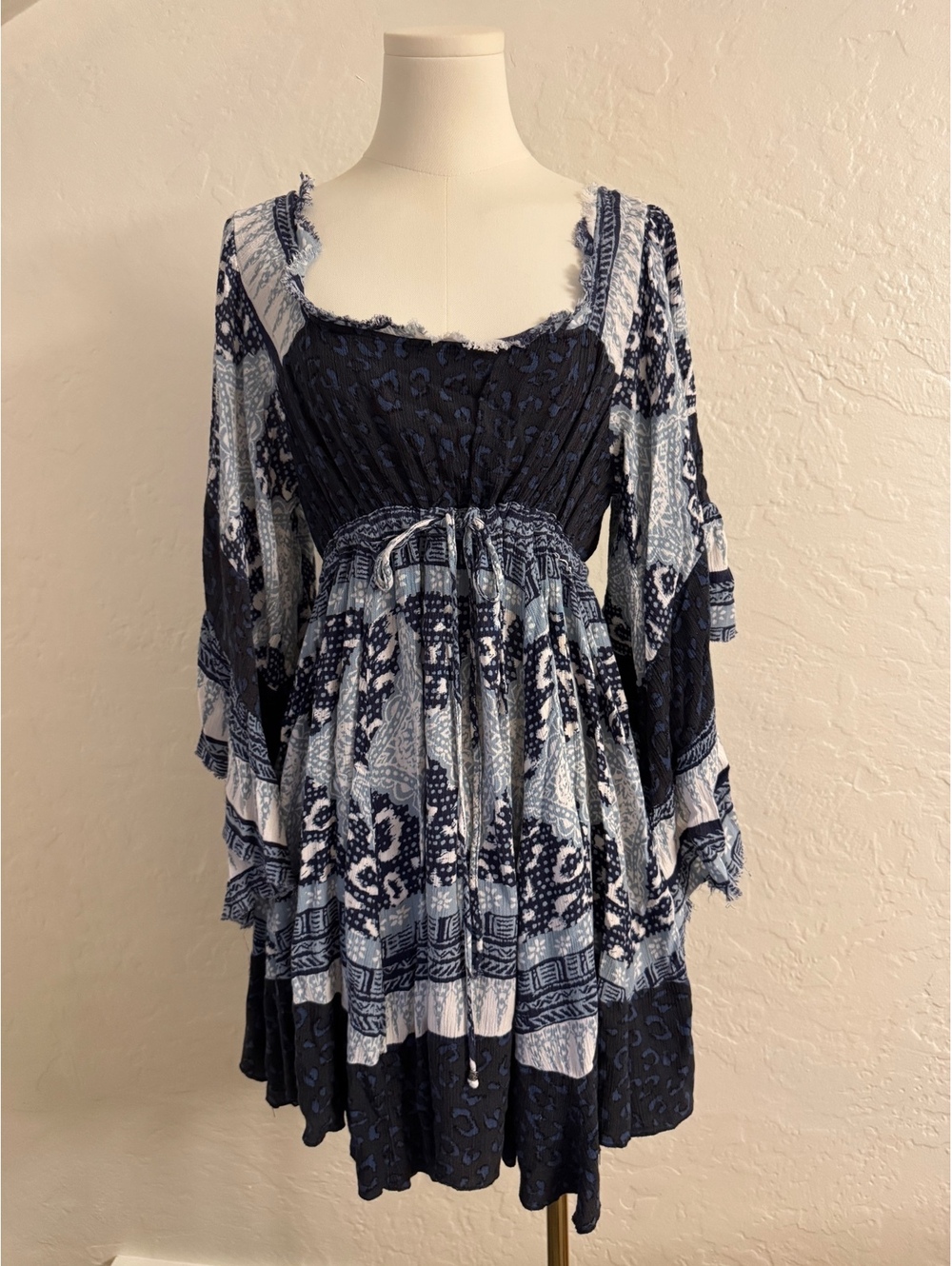 Free People One Rayon Boho Mini Dress Tunic Blue Patchwork Size L